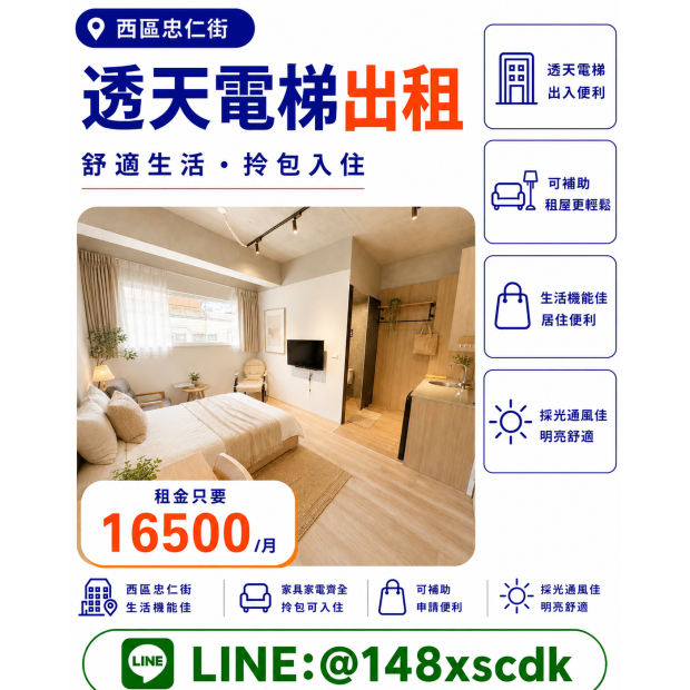 西區忠仁街4後套房｜可雙租補｜工業風裝潢｜洗脫烘大陽台